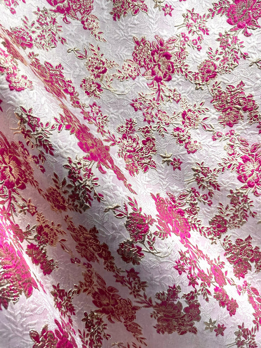 FUCHSIA PINK GOLD Floral Brocade Fabric (60 in.) Sold By The Yard