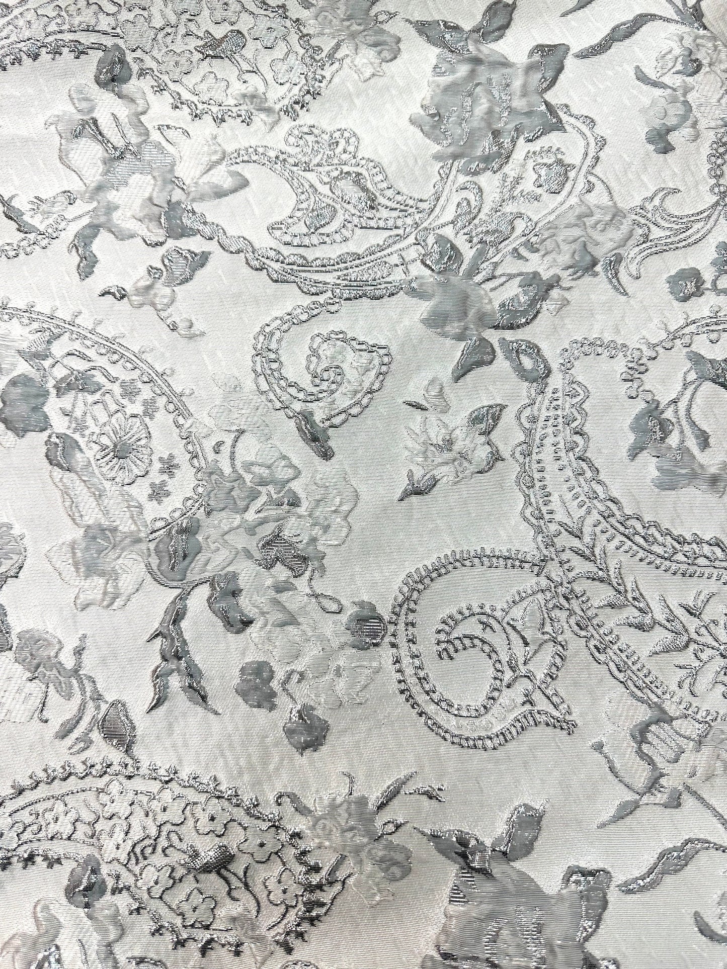 WHITE SILVER Floral Paisley Brocade Fabric (60 in.) Sold By The Yard