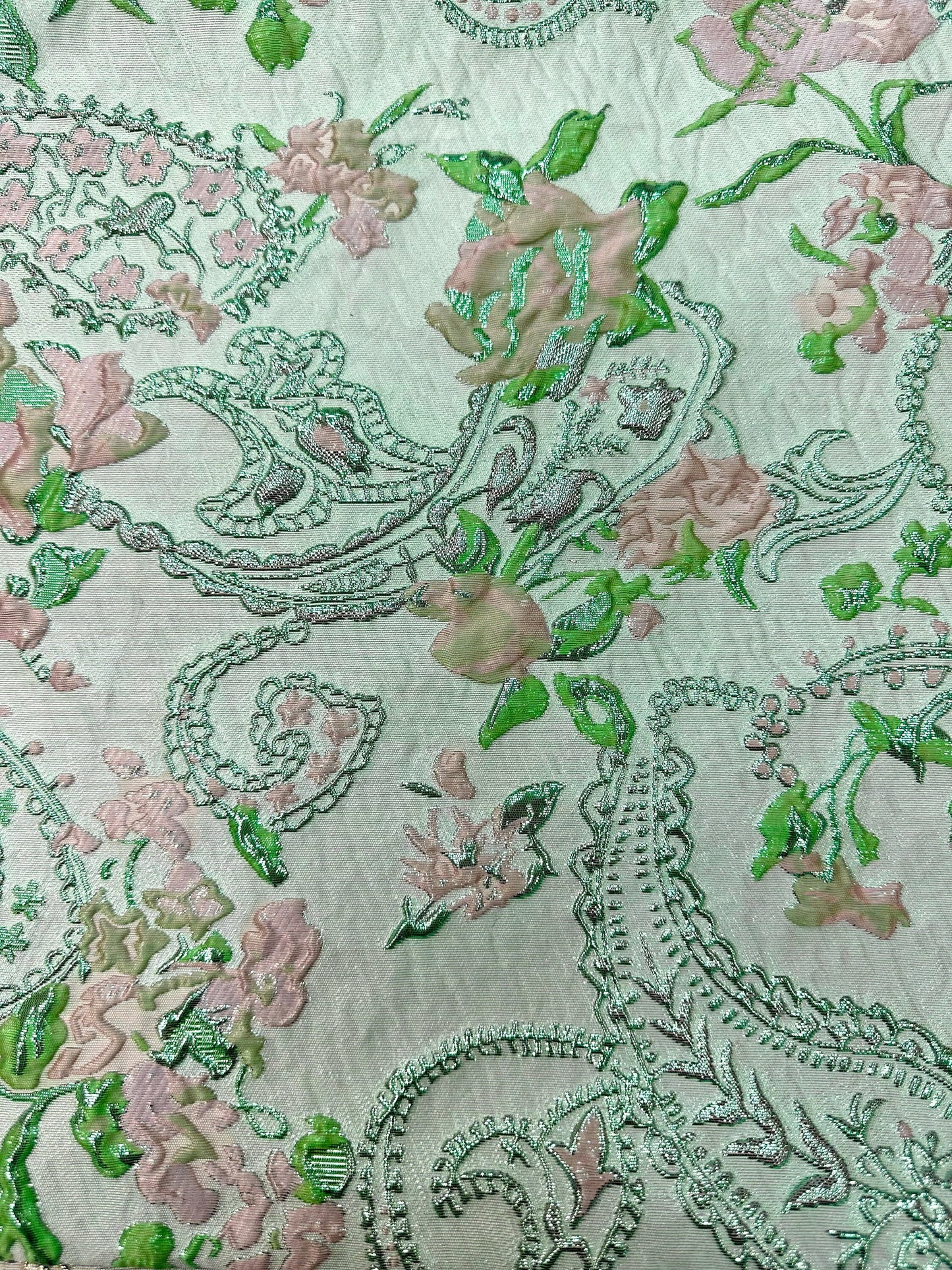 GREEN PINK Floral Paisley Brocade Fabric (60 in.) Sold By The Yard