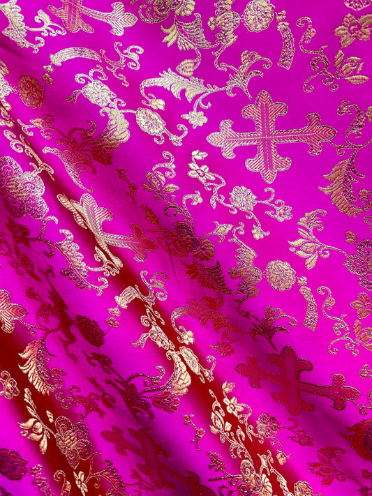 FUCHSIA PINK GOLD Metallic Liturgical Cross Brocade Fabric (56 in.) Sold By The Yard