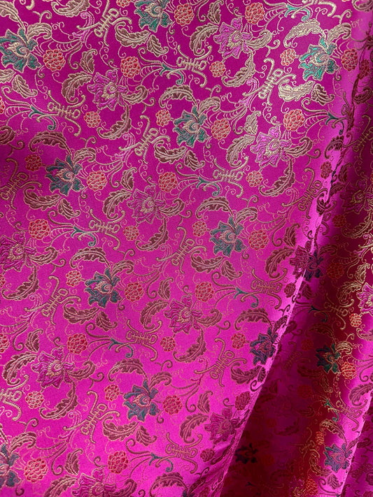 FUCHSIA PINK GOLD Multicolor Metallic Floral Brocade Fabric (60 in.) Sold By The Yard