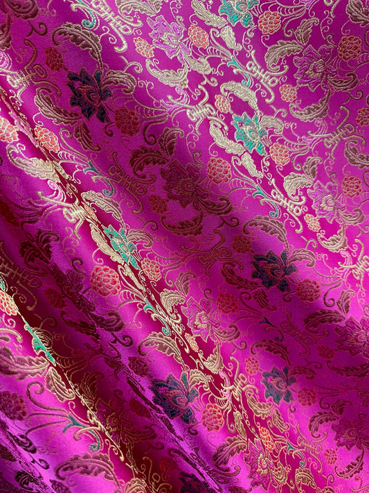 FUCHSIA PINK GOLD Multicolor Metallic Floral Brocade Fabric (60 in.) Sold By The Yard