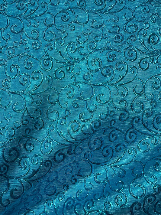 TURQUOISE BLUE Swirl Metallic Brocade Fabric (58 in.) Sold By The Yard