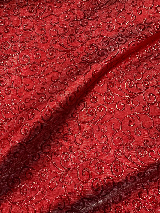 RED Swirl Metallic Brocade Fabric (58 in.) Sold By The Yard