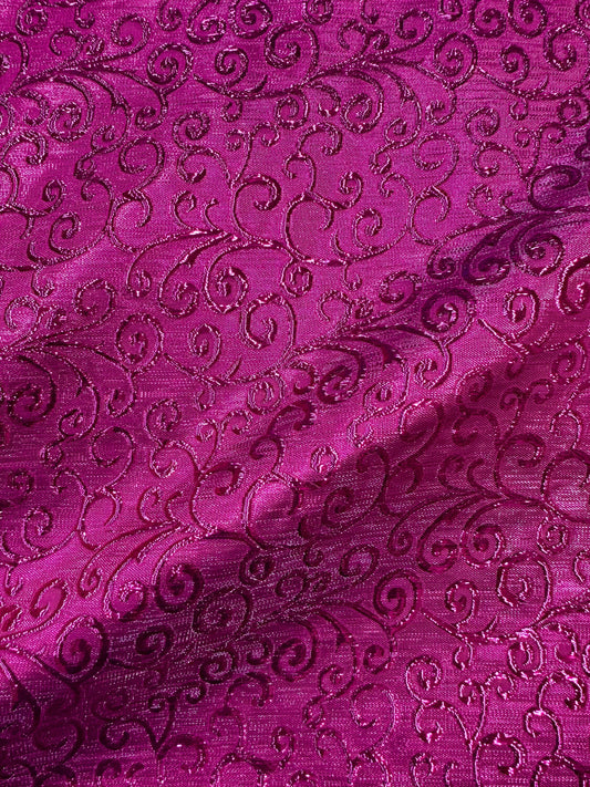 FUCHSIA PINK Swirl Metallic Brocade Fabric (58 in.) Sold By The Yard