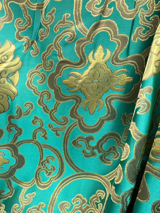 TEAL GREEN GOLD Embroidered Brocade Fabric (60 in.) Sold By The Yard