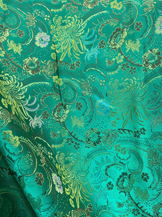 TEAL GREEN GOLD Floral Brocade Fabric (60 in.) Sold By The Yard