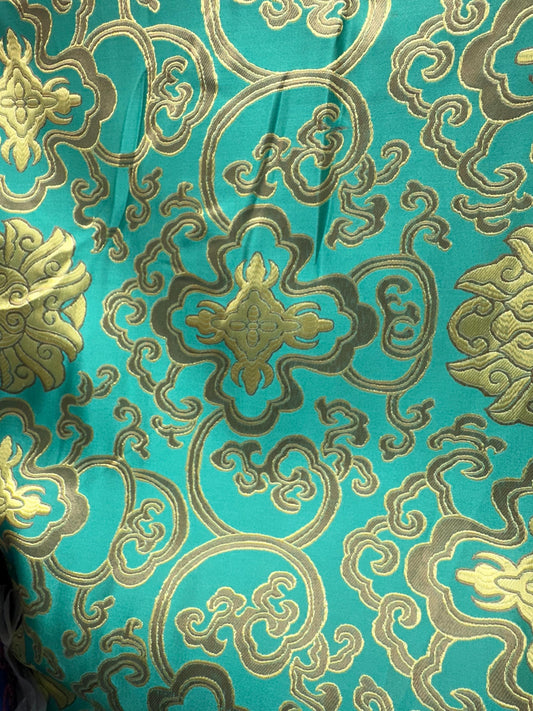 TEAL GREEN GOLD Embroidered Brocade Fabric (60 in.) Sold By The Yard