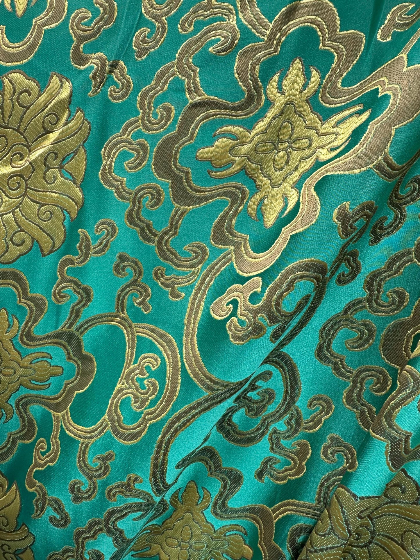 TEAL GREEN GOLD Embroidered Brocade Fabric (60 in.) Sold By The Yard