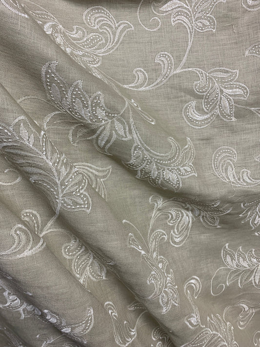 LIGHT BEIGE IVORY Floral Embroidered 100% Linen Fabric (54 in.) Sold By The Yard