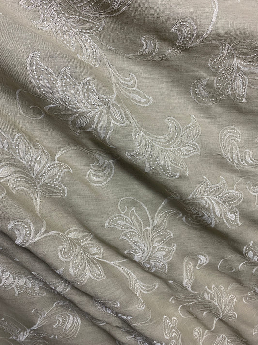 LIGHT BEIGE IVORY Floral Embroidered 100% Linen Fabric (54 in.) Sold By The Yard