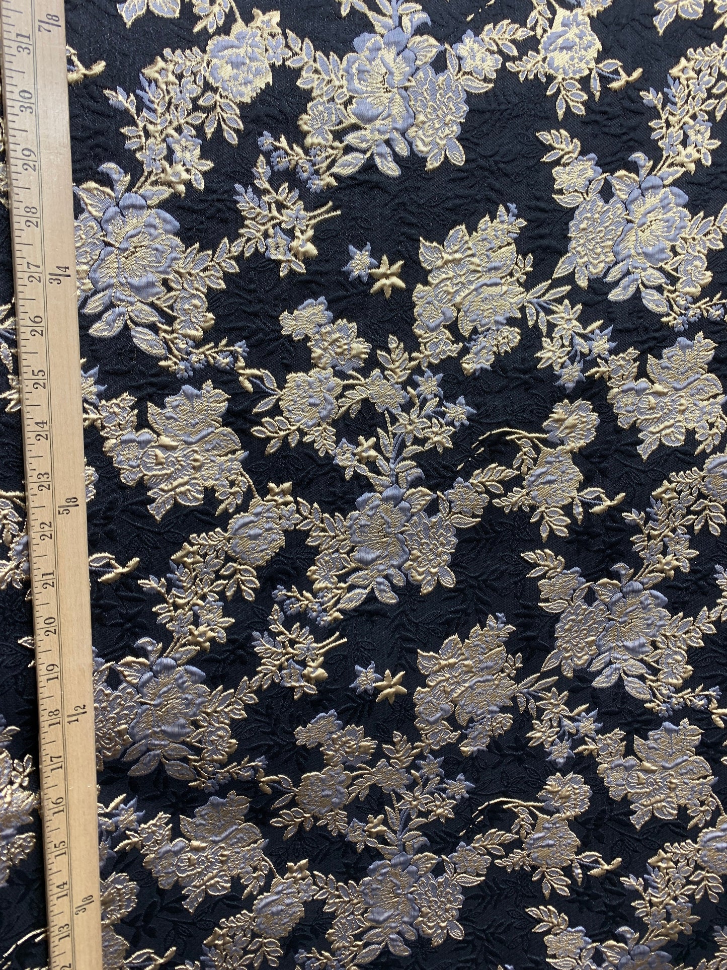 Black Light Blue Gold Floral Brocade Fabric (60 in.) Sold By The Yard