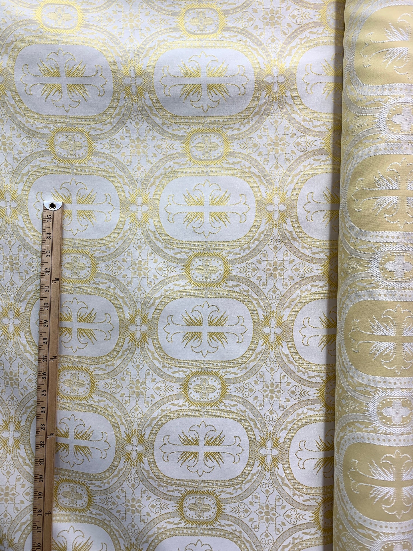 IVORY GOLD Liturgical Cross Brocade Fabric (55 in.) Sold By The Yard